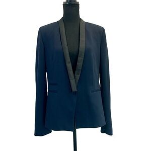 Dark navy blue black trim single breasted tuxedo structured blazer jacket 8 🇨🇦